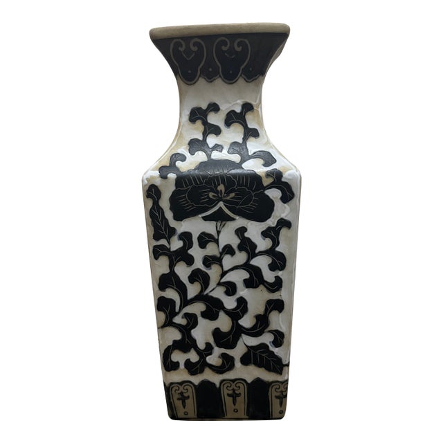 Vintage Tall Ceramic Taupe Vase With Painted Flowers For Sale