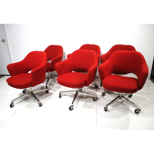 6 Eero Saarinen Upholstered Rolling Vintage Dining Chairs for Knoll For Sale - Image 15 of 16