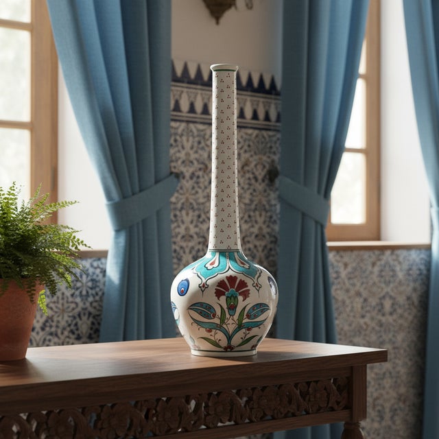 2020s Handmade Ceramic Long-Neck Vase (25cm) – Turquoise Scallop Shoulder & Red Dots – Iznik Decor For Sale - Image 5 of 8