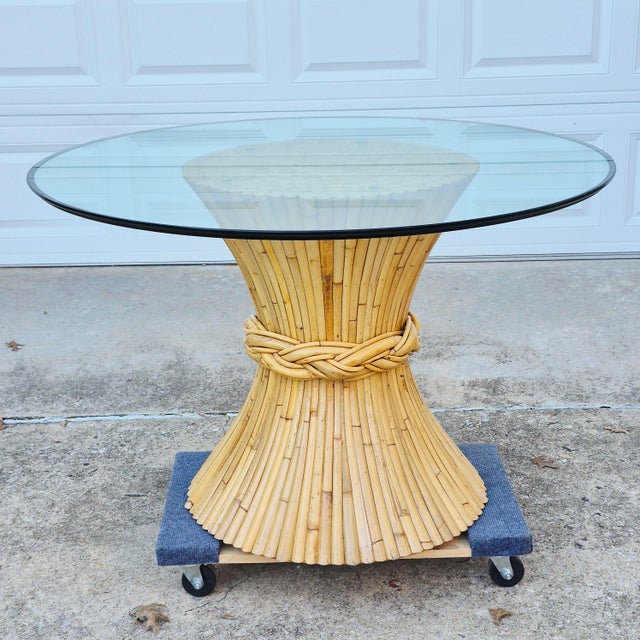 1970s Signed McGuire Bamboo Rattan Wheat Sheaf Pedestal Base 45” Round Glass Top Dining Table For Sale - Image 17 of 17