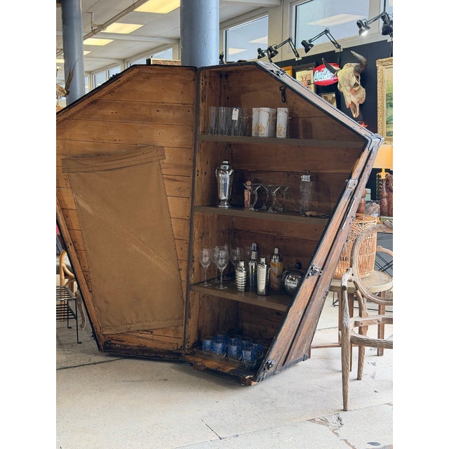 Rustic European Antique 1920s Wooden Harp Travel Case Converted Into a Unique Bar Cabinet – 76” For Sale - Image 3 of 12