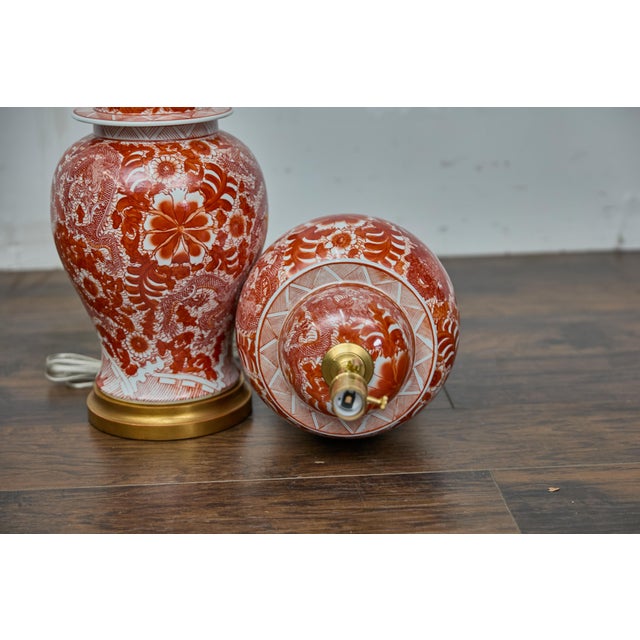 Pair of Red and White Porcelain Dragon Temple Jar Table Lamps For Sale - Image 11 of 12