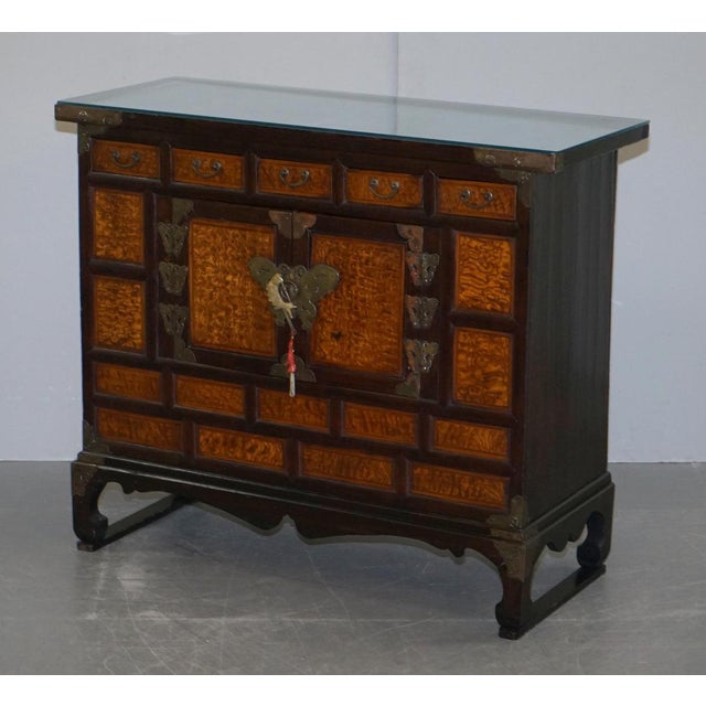 Antique Chinese Burr Elm & Brass Engraved Sideboard For Sale - Image 3 of 18