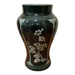 Vintage Korean Mid-Century Inlaid Celadon Ceramic Porcelain Blossom Sakura Flower Asian Bush Trees Bamboo Vase