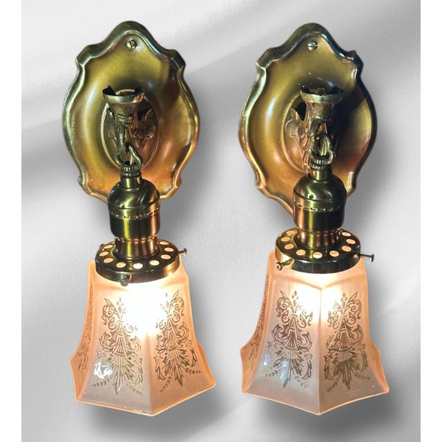 1910s Antique Small Sconces With Amber Glass Shades - a Pair For Sale - Image 5 of 11