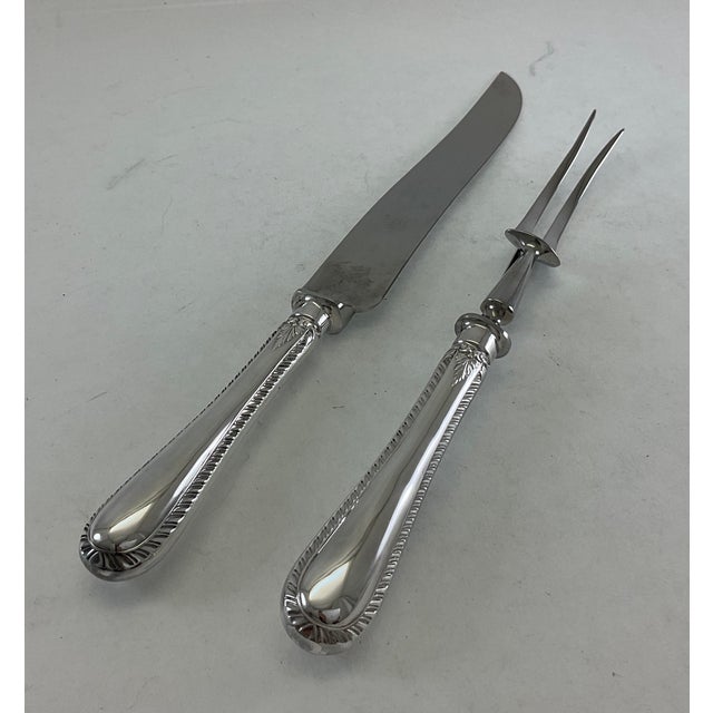 English 1980s Silver Pair Carving Set, Carving Fork & Carving Knife, Feather Edge. For Sale - Image 3 of 14