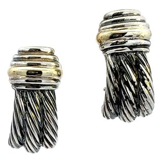 1990s Pair of David Yurman Omega Back Earrings 14k Gold Sterling Silver Estate For Sale