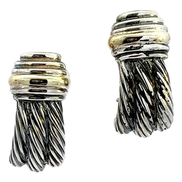 1990s Pair of David Yurman Omega Back Earrings 14k Gold Sterling Silver Estate For Sale