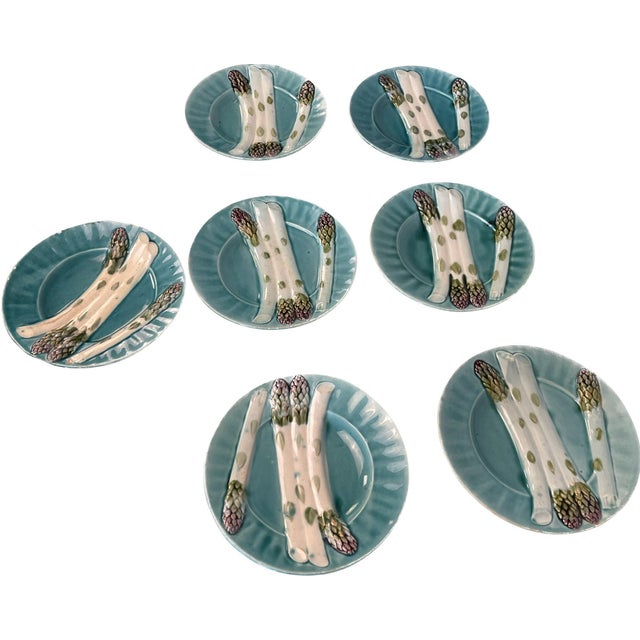 French Majolica Depose KG Luneville Asparagus Plates - Set of 7 For Sale - Image 9 of 18
