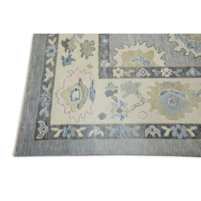 Modern Early 21st Century Blue & Green Floral Design Handwoven Wool Turkish Oushak Rug 8'3" X 9'7" For Sale - Image 3 of 8