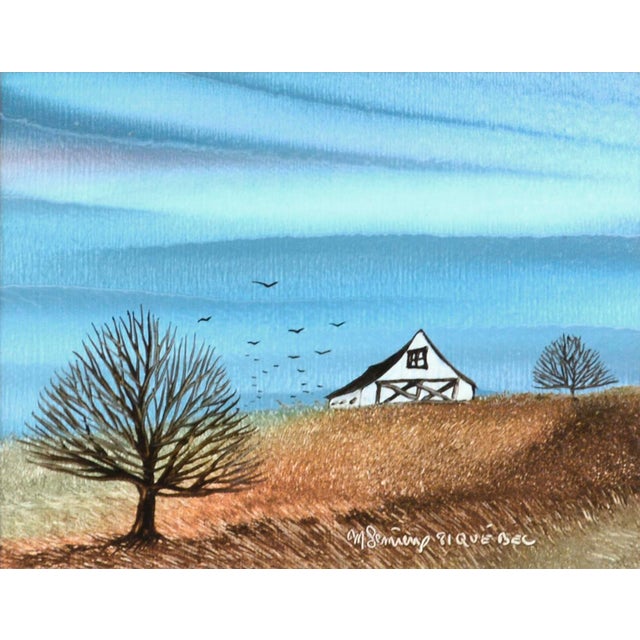 Miniature farm landscape of a white barn with two trees and a flock of birds by an unknown Quebec, Canada artist, M....