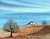 Miniature farm landscape of a white barn with two trees and a flock of birds by an unknown Quebec, Canada artist, M....