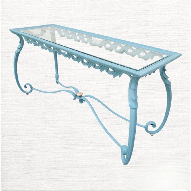 Metal Vintage Custom Painted Coastal Regency Blue Gold Wave Drape Design Cast Iron Console Table For Sale - Image 7 of 12