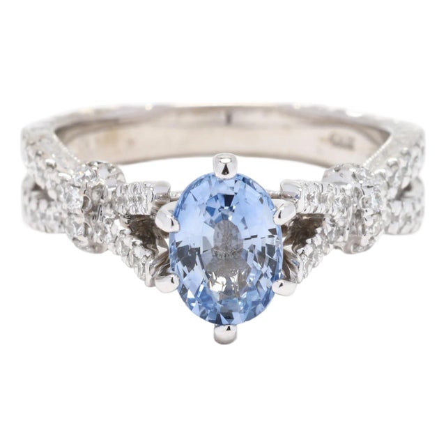 1.35ctw Sapphire and Diamond Engagement Ring, 14k White Gold, Ring Size 5 For Sale