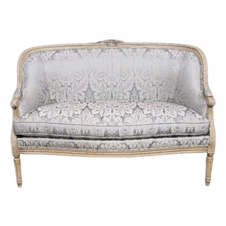 Late 20th Century Stickley Louis XVI Style Enamel Painted Blue Damask Upholstered Canapé Settee For Sale