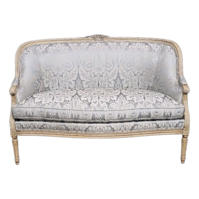 Late 20th Century Stickley Louis XVI Style Enamel Painted Blue Damask Upholstered Canapé Settee For Sale