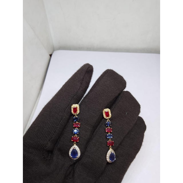 Modern Natural Ruby Blue, Sapphire, & Diamond Earring in 14k Gold For Sale - Image 3 of 8