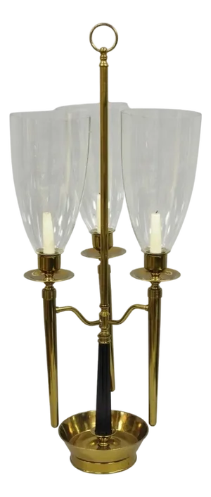 Tommi Parzinger Style Mid Century Modern Tall Brass Hurricane Shade Candelabra