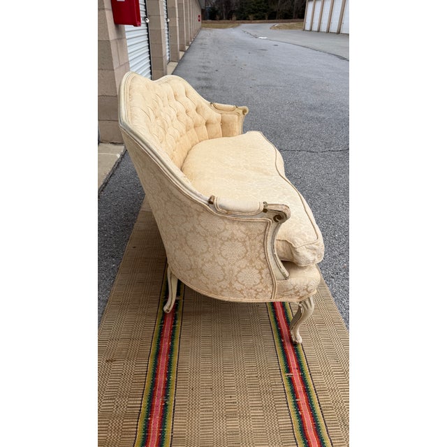 Textile A Nice Vintage French Canapé Style Paint Decorated Love Seat, Circa 1950’s For Sale - Image 7 of 18