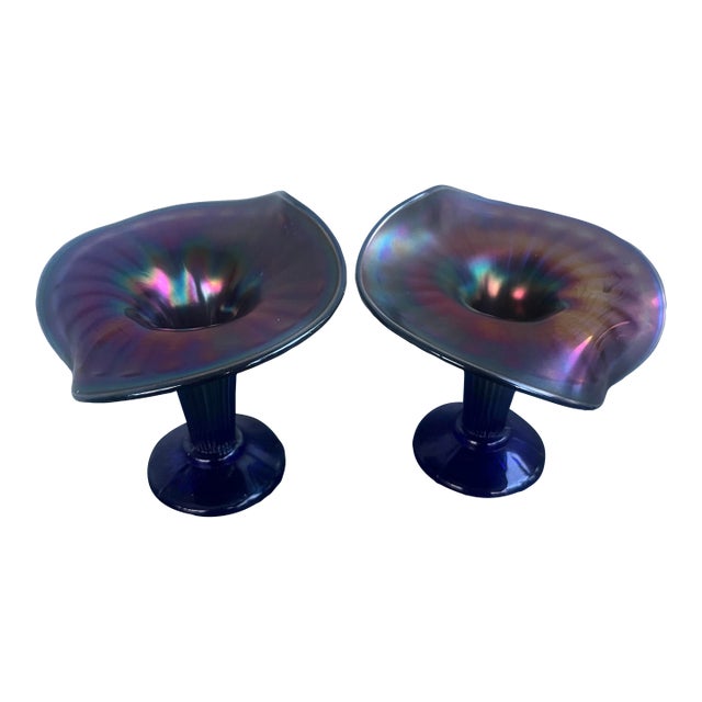 1950s Pair of Vintage Fenton Iridescent Cobalt Blue Jack-in-the-Pulpit Vases For Sale