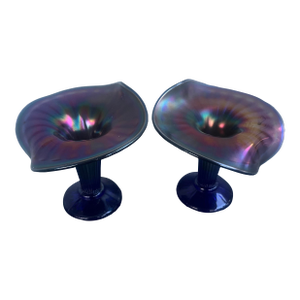 1950s Pair of Vintage Fenton Iridescent Cobalt Blue Jack-in-the-Pulpit Vases