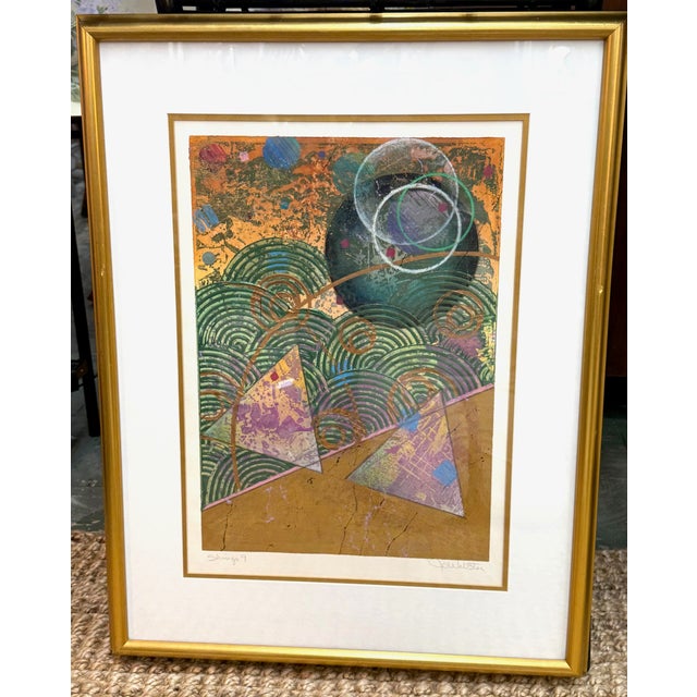 Fantastic post modern original mixed media painting on paper by artist Jo Webster (b. 1952). Great movement and texture in...