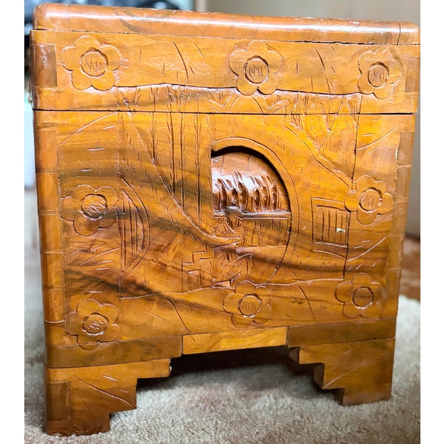 1940s Vintage 1940’s Chinese Glazed Carved Scenic Wood Chest For Sale - Image 5 of 12