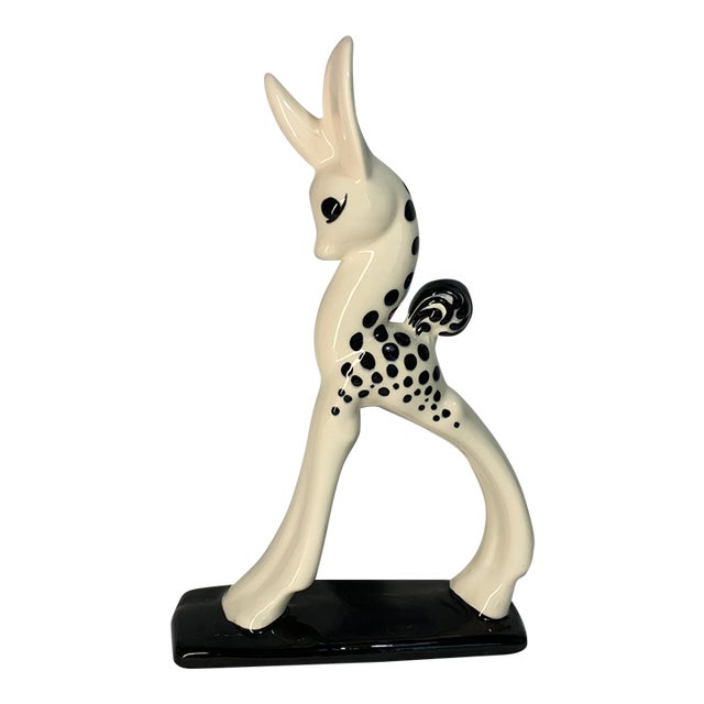 Vintage Mid-Century Modern Black-and-White Spotted Deer/Doe Ceramic Figurine Attributed to Royal Haeger For Sale
