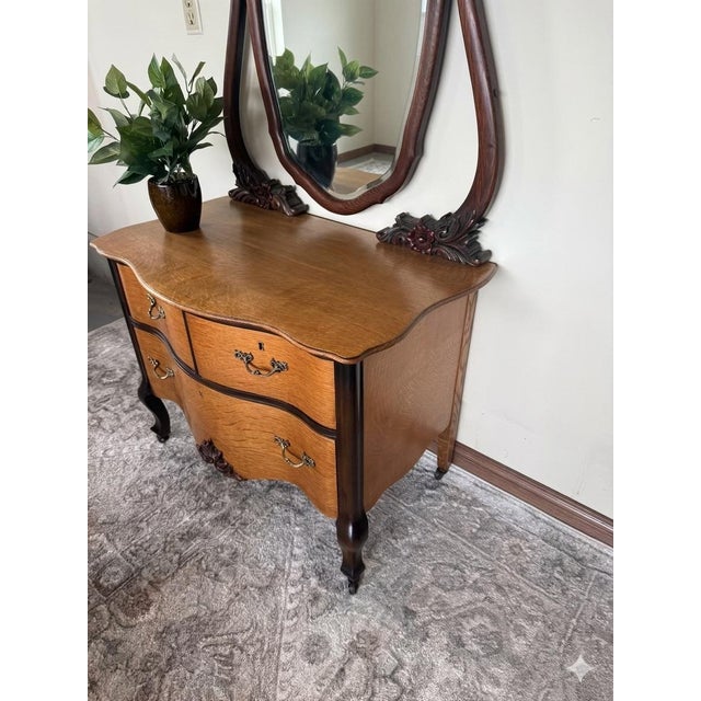 Restored Antique Serpentine Two-Tone Tiger Oak Vanity With Biomorphic Mirror For Sale - Image 10 of 10