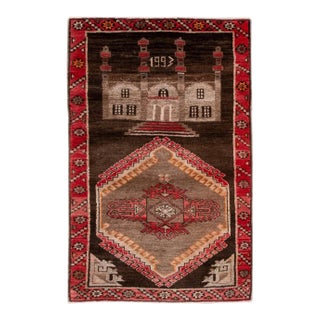 Vintage Pictorial Turkish Brown Wool Rug For Sale