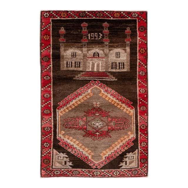Vintage Pictorial Turkish Brown Wool Rug For Sale