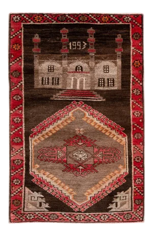 Vintage Pictorial Turkish Brown Wool Rug