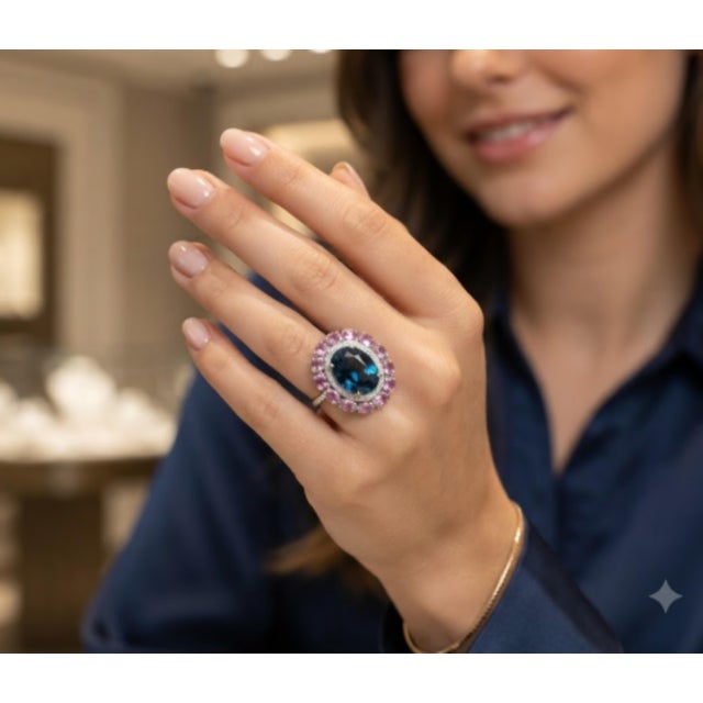 Metal Natural Blue Topaz, Diamond, & Pink Sapphire Ring in 14k Gold For Sale - Image 7 of 8