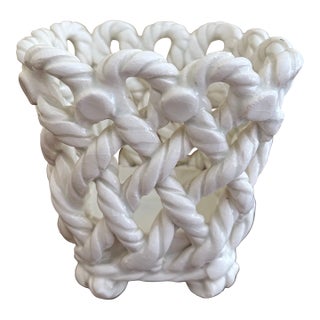 French Country White Ceramic Woven Rope Cachepot Basket For Sale