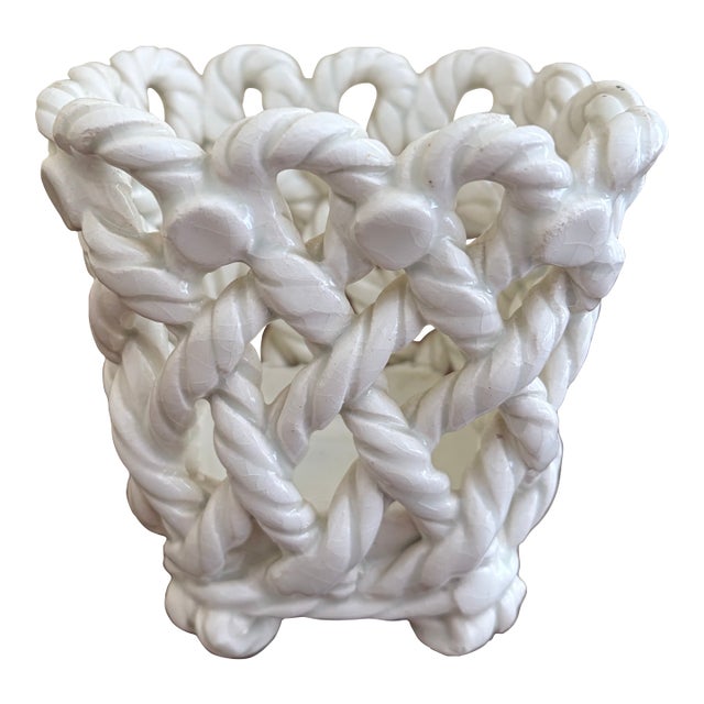 French Country White Ceramic Woven Rope Cachepot Basket For Sale