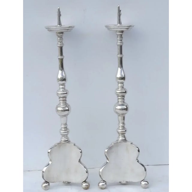 Metal 19th Century European Bronze Silver Plated Pricket Sticks Ball feet - A Pair For Sale - Image 7 of 13