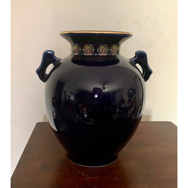 Japanese Cobalt Blue Japanese Hand Painted Kutani Porcelain Vase With Crane, Flower and Turtle Design For Sale - Image 3 of 9