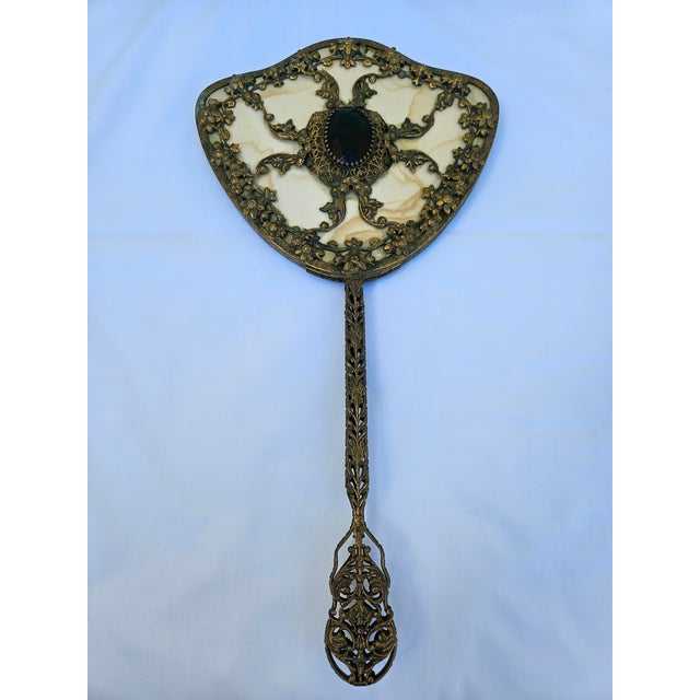 Victorian Venetian Brass Filigree Jeweled Mirror and Brush Set For Sale - Image 3 of 17