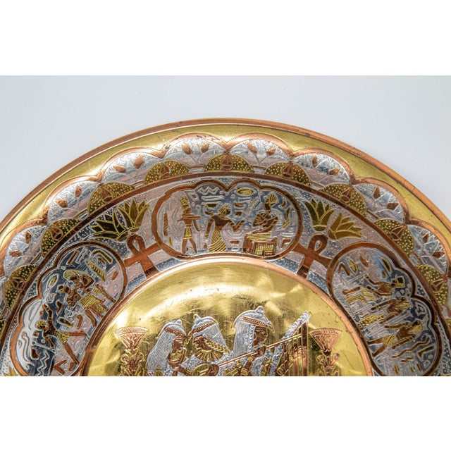 Egyptian Round Brass Tray With Silver and Copper Overlay Wall Hanging 1970 For Sale - Image 9 of 12