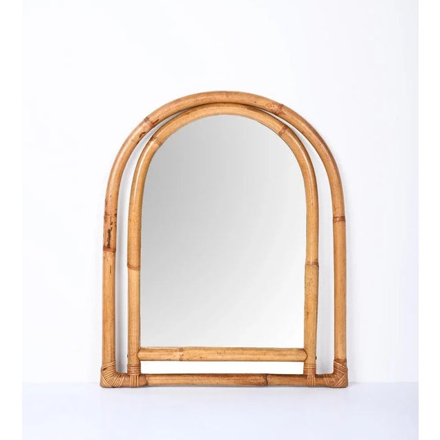 Mid-Century Italian Arch Mirror with Double Bamboo and Rattan Frame, 1970s For Sale - Image 4 of 13