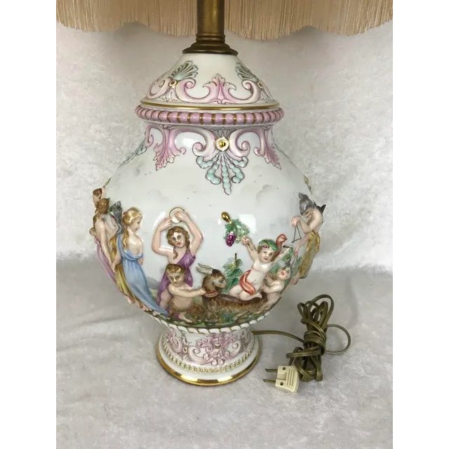 Cream Italian Capodimonte Porcelain Lamp • Sculpted Mythological Figures • Victorian‑Style Shade For Sale - Image 8 of 12
