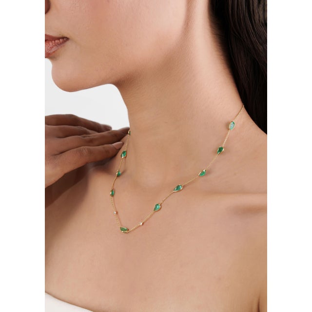 Not Yet Made - Made To Order 14k Yellow Gold 6.84ct Pear-Cut Natural Emerald Station Necklace With Diamonds For Sale - Image 5 of 18