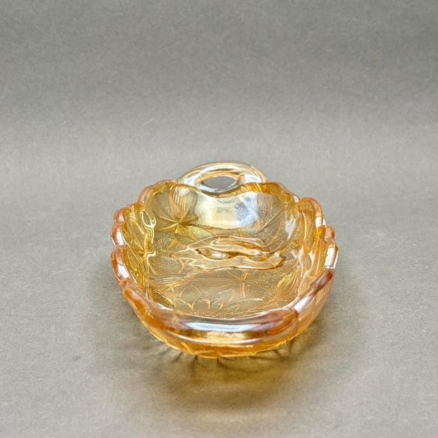 Indiana Glass Company Vintage Indiana Glass “Lily Pons Sunflower” Marigold Carnival Glass Relish Dish With Handles For Sale - Image 4 of 9