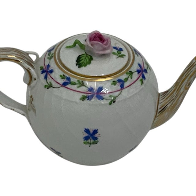 Vintage Herend Blue Garland PBG Model 1605 Small Porcelain Teapot Rose Finial Spout Chip Hungary C. 1980s For Sale - Image 9 of 9