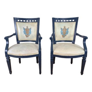 1950s Blue Lacquered Directoire Arm Chairs With Painted Coat of Arms on Leather - A Pair For Sale