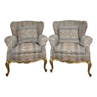 French Louis XV Style Upholstered Armchairs with Giltwood Frames, 1940, Set of 2 For Sale