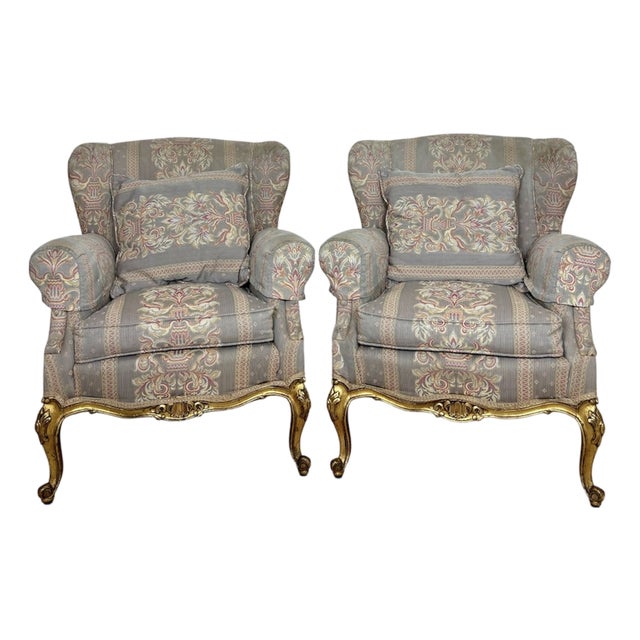 French Louis XV Style Upholstered Armchairs with Giltwood Frames, 1940, Set of 2 For Sale