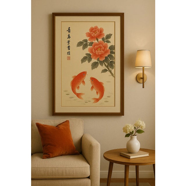 “Fu Gui You Yu富贵有余）” Peonies & Koi Original Chinese Ink & Color on Xuan Paper (Unframed, Signed) For Sale - Image 14 of 18