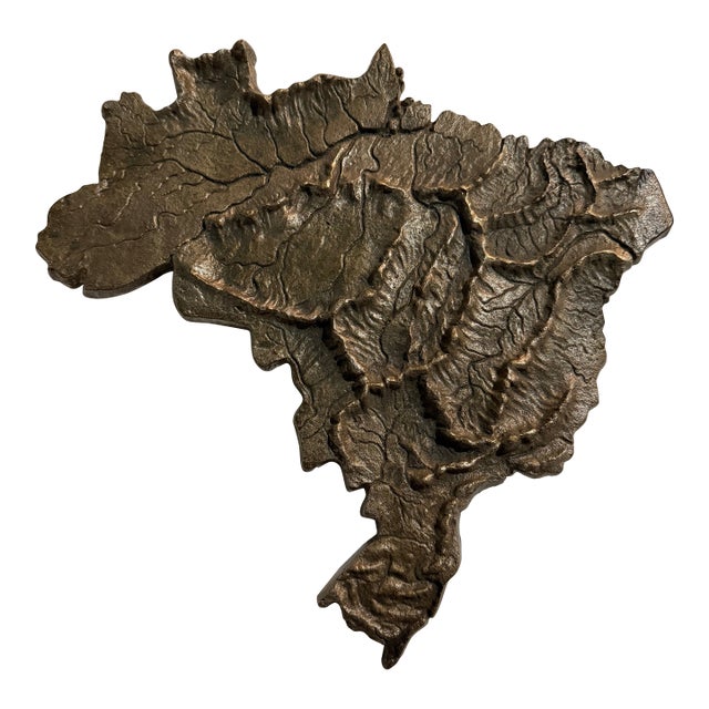 Hand Forged Bronze Map of Brazil With Elevated Topography, 1980s For Sale
