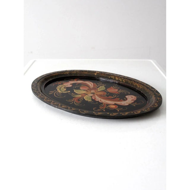 Black Vintage Hand Painted Rosmaling Wood Tray For Sale - Image 8 of 10